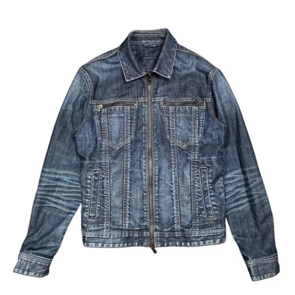 John Varvatos Distressed Blue Denim slim ZipperJacket Small - Picture 1 of 8